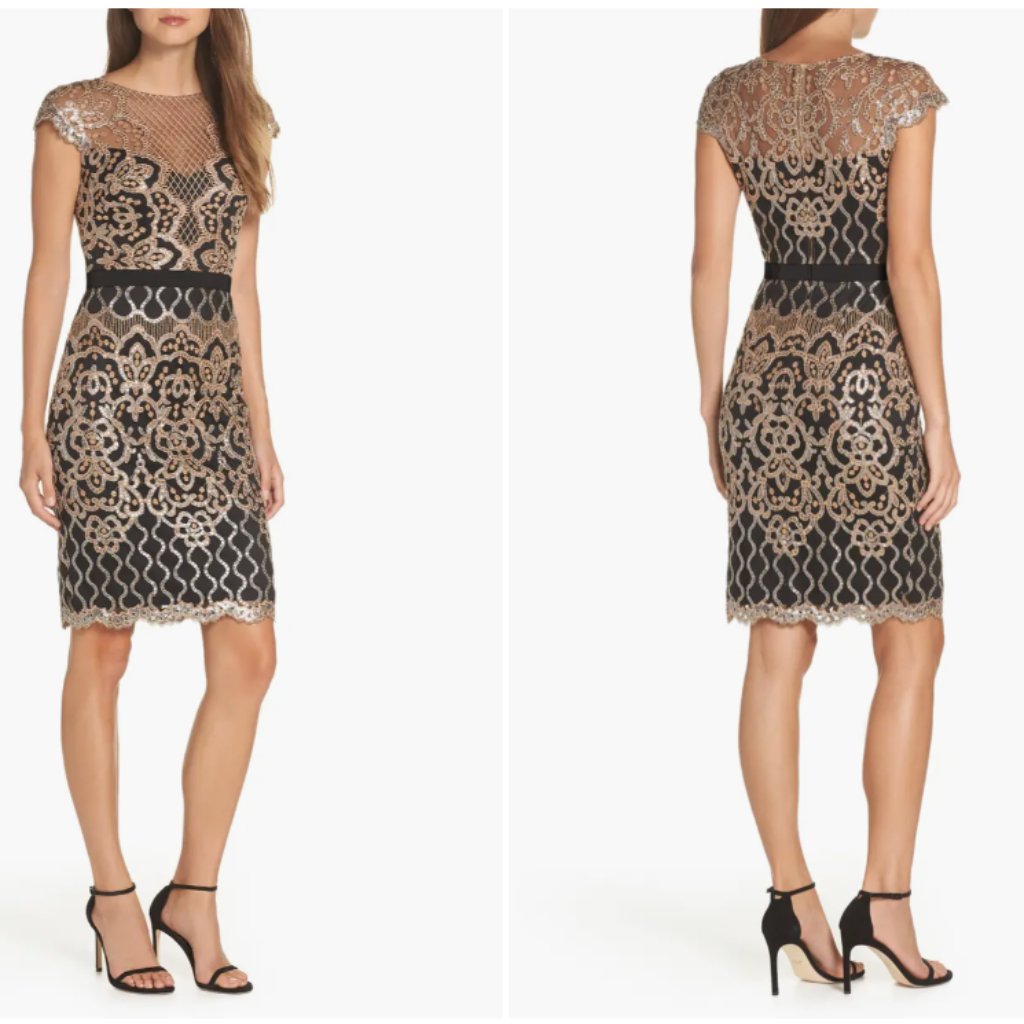Tadashi Shoji Ornate Lace Copper Shadow/Black Sheath Dress Sz 2